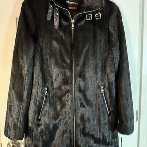 Karl Lagerfeld Black Faux Fur Jacket with Plush Material and High Collar
